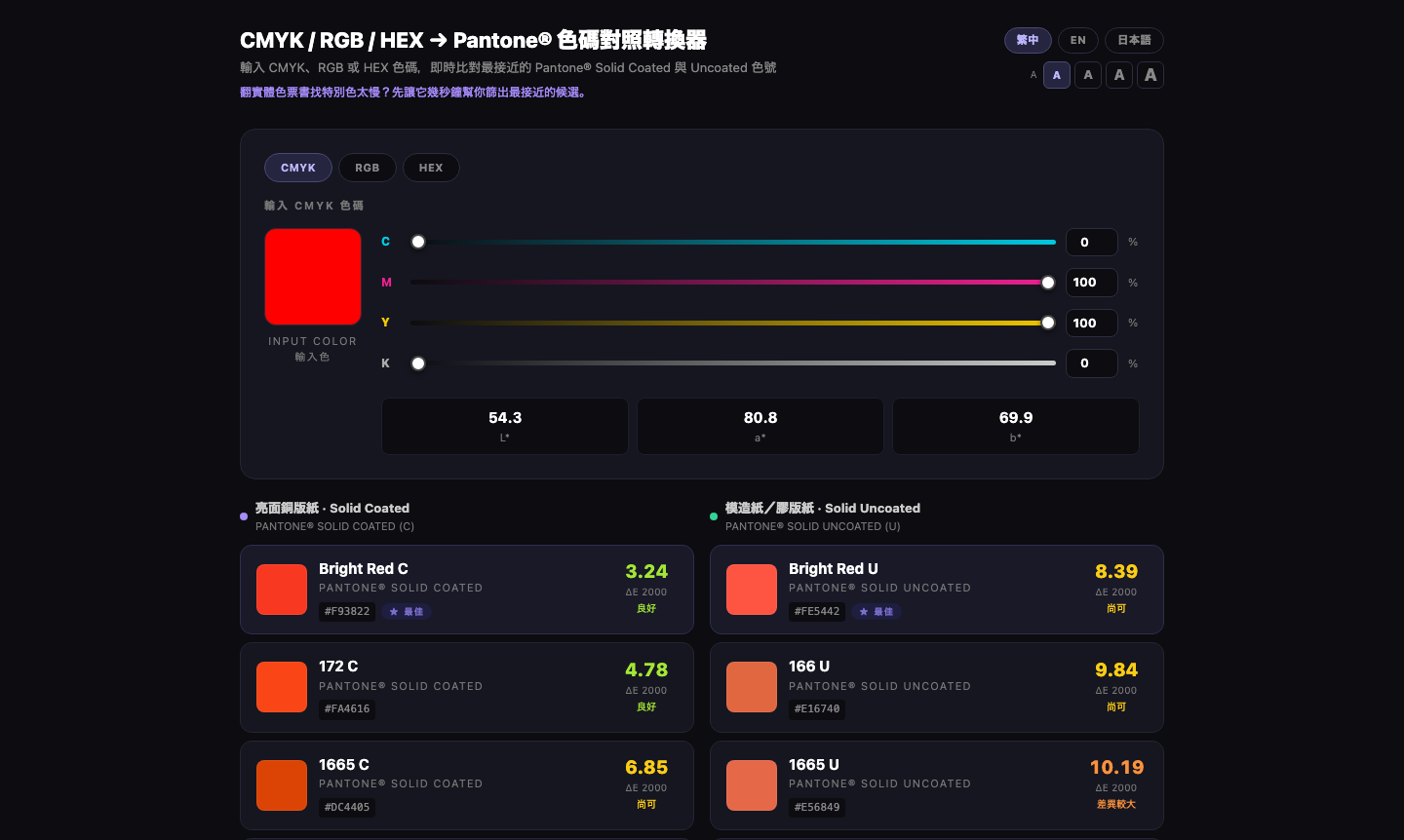Pantone 色票轉換器介面:輸入色 + 銅版紙/膠版紙兩欄最接近的 Pantone 色號與 ΔE 色差