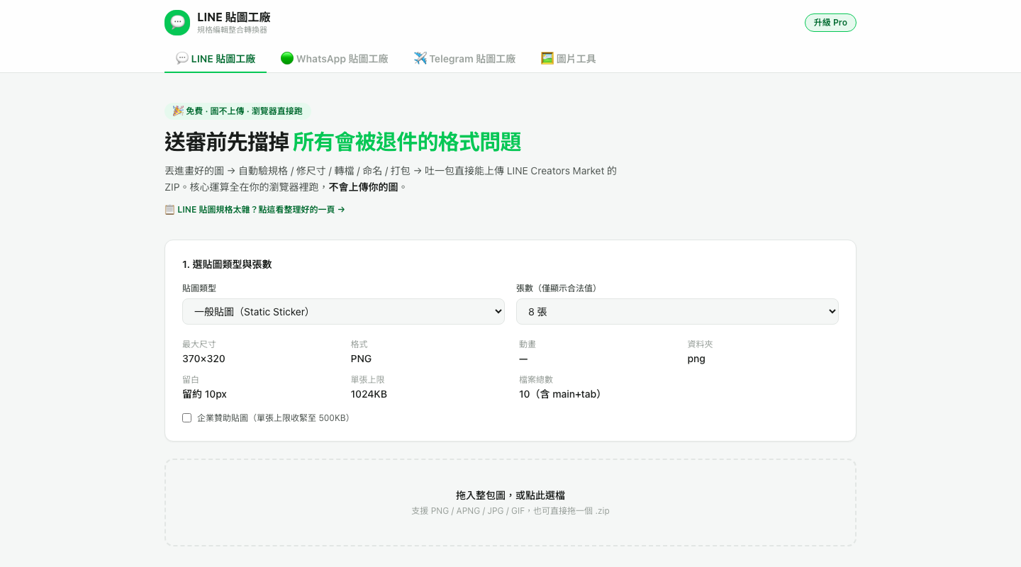 LINE 貼圖工廠介面:頁首有 LINE / WhatsApp / Telegram 貼圖與圖片工具四個分頁,送審前先驗規格擋退件